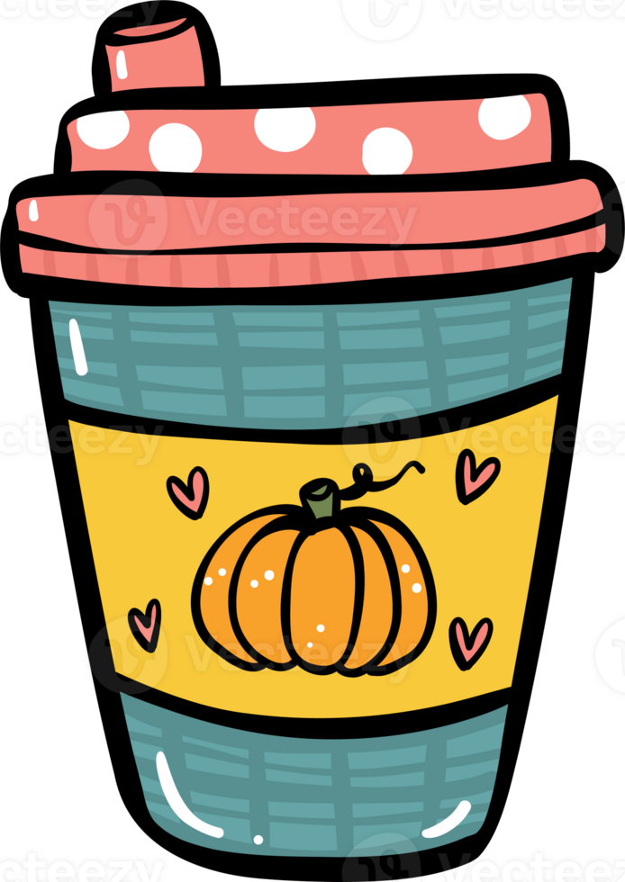 Cute Pumpkin Spice coffee drink cartoon doodle outline illustration png