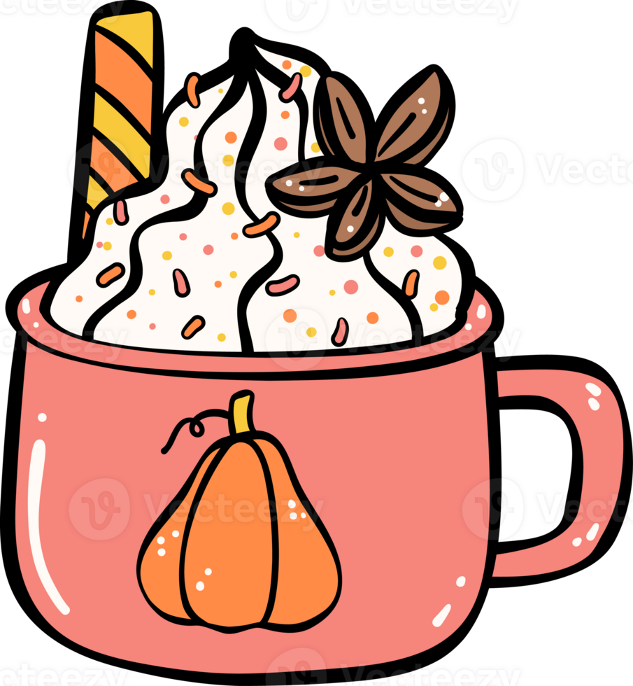 Cute Pumpkin Spice coffee drink cartoon doodle outline illustration png