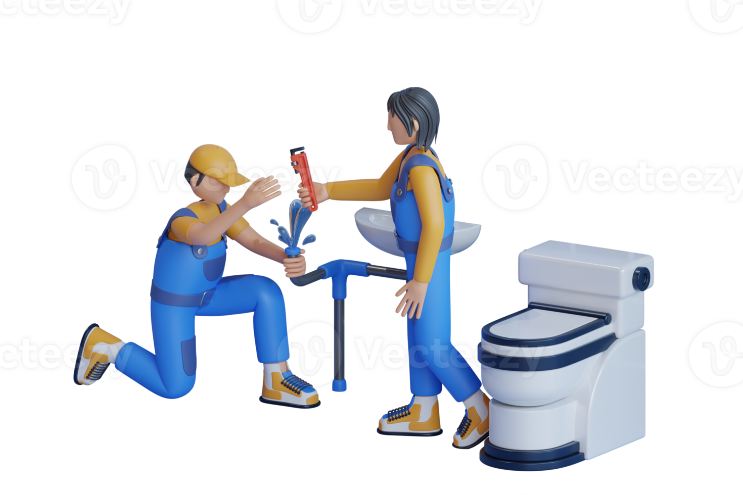 3D illustration of Water Pipe Leak Repair. Plumber in the bathroom, plumbing repair service, using an adjustable wrench to repair leaking sinks. png
