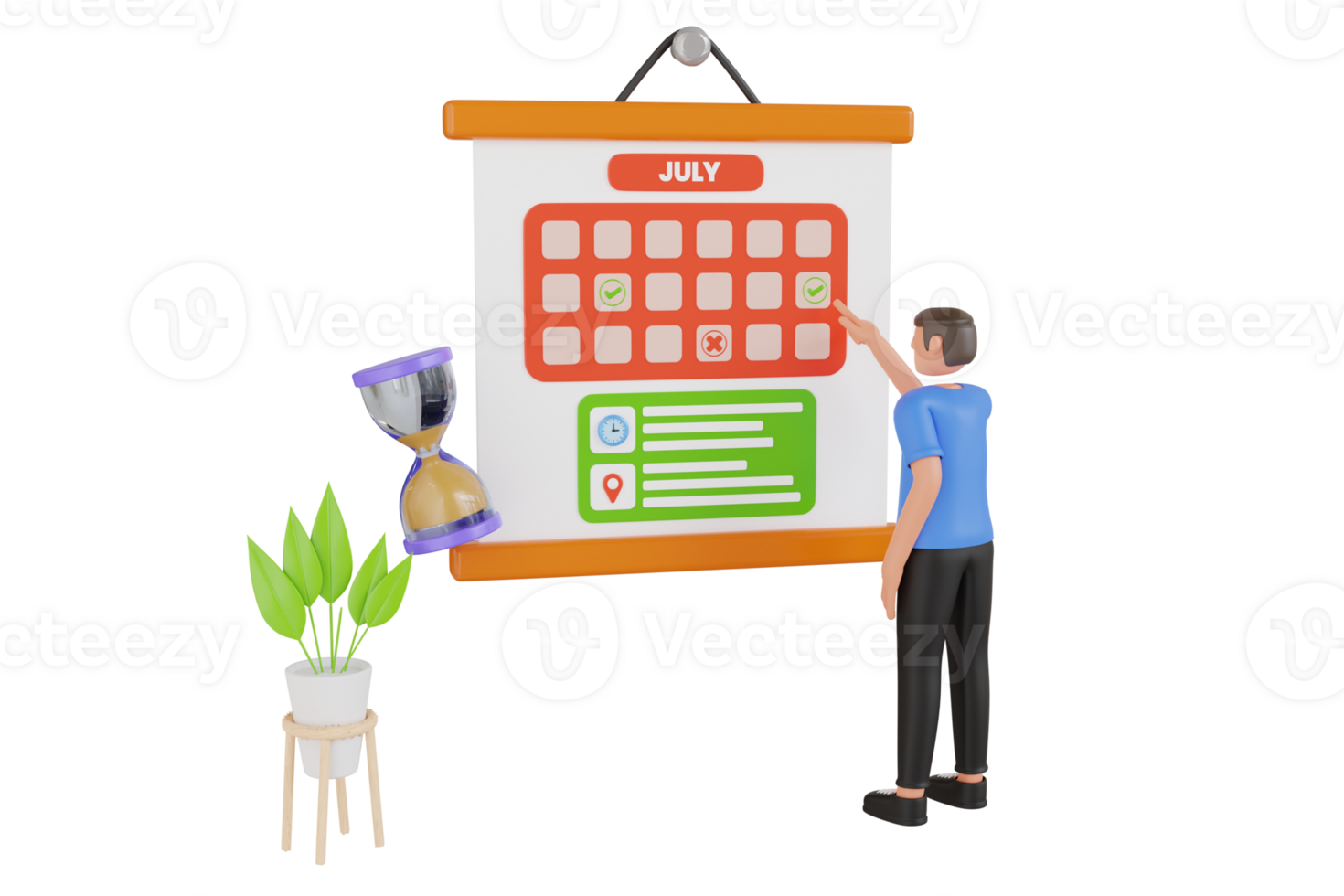 Businessman with his schedule 3d illustration. Businessman Doing Calendar Schedule Planning. Businessman is Checking His Calendar to Make an Appointment with New Clients and Employer png