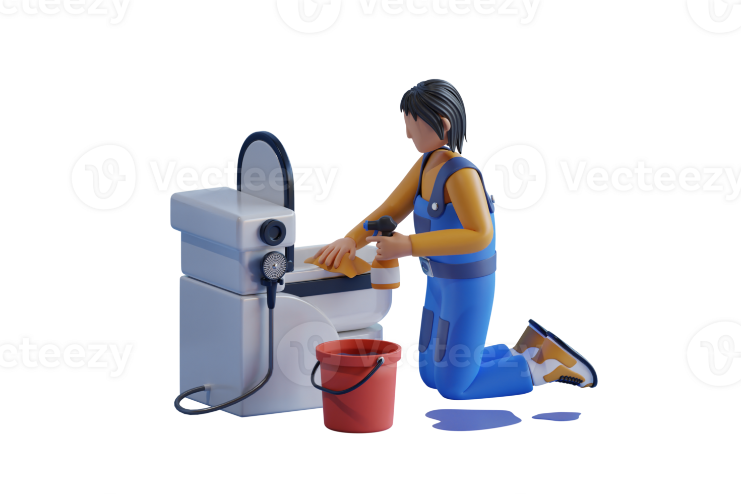 3D illustration of a worker cleaning a toilet. Cleaning services are available. woman cleaning the toilet sink png
