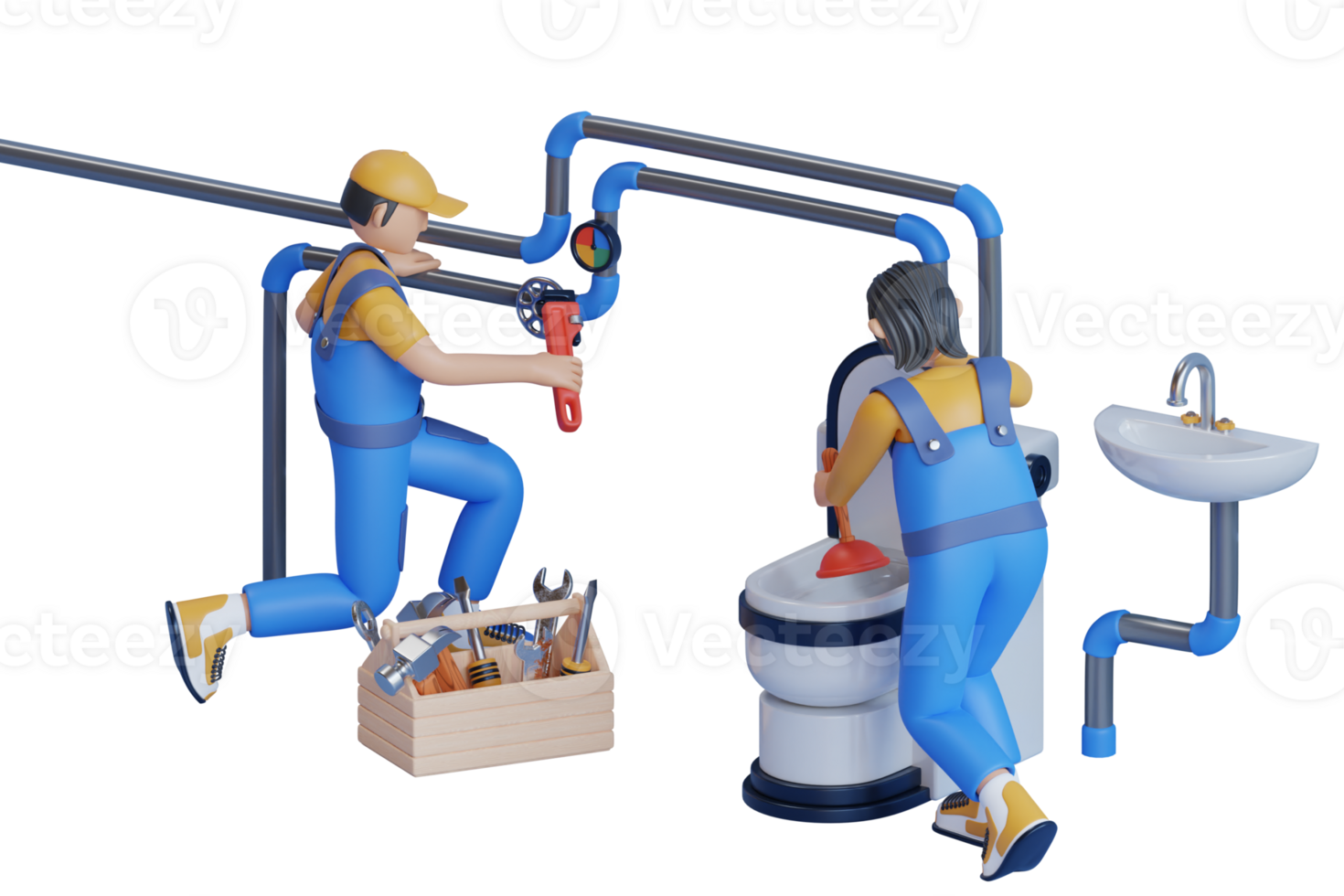 Plumbers working together to repair a pipe and clean a toilet. 3D illustration png