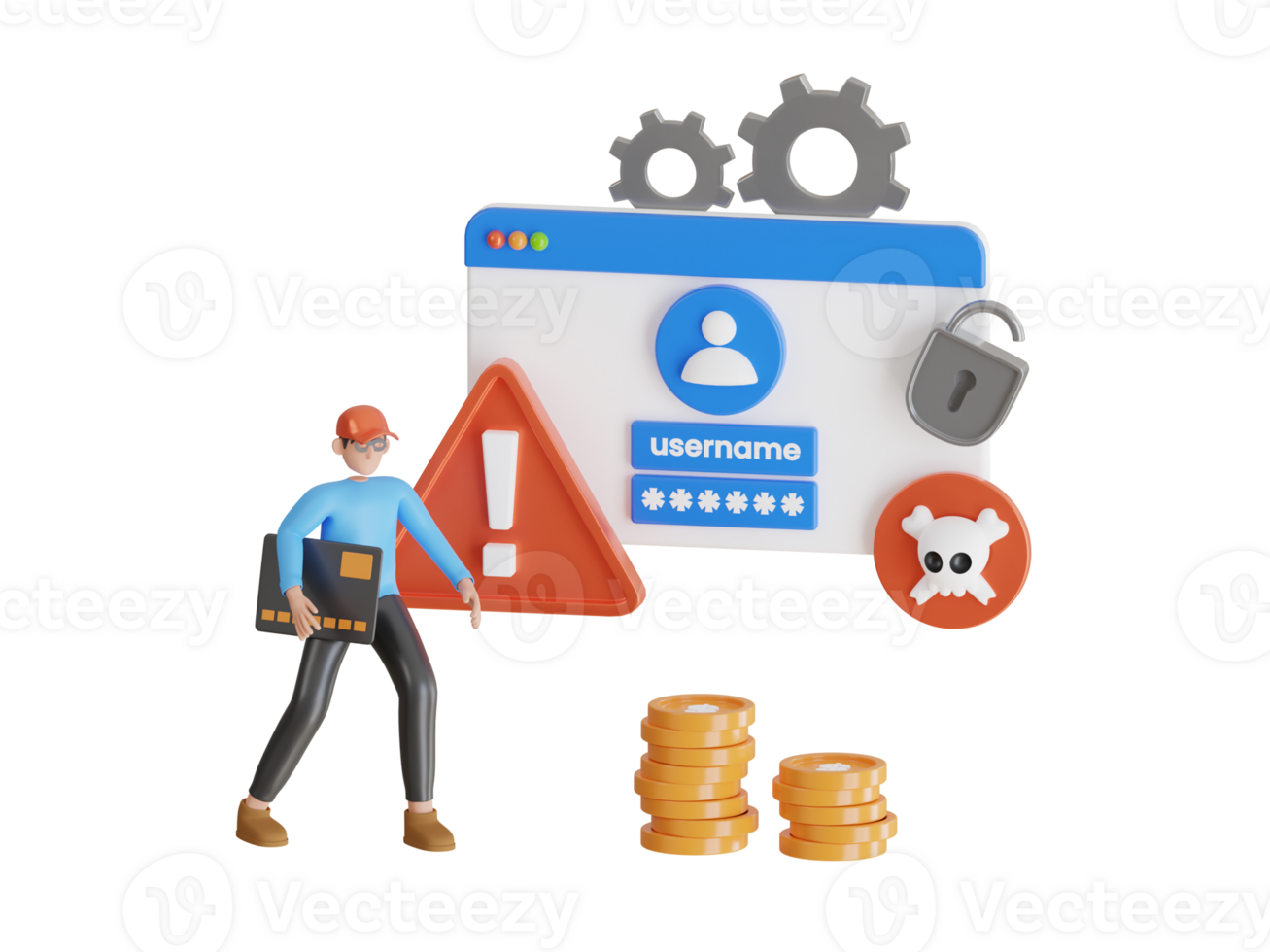 3D Illustration of Cyber Attack Alert. Stealing Personal Information, Data phishing concept, Hacker and Cyber criminals phishing stealing private personal data. png