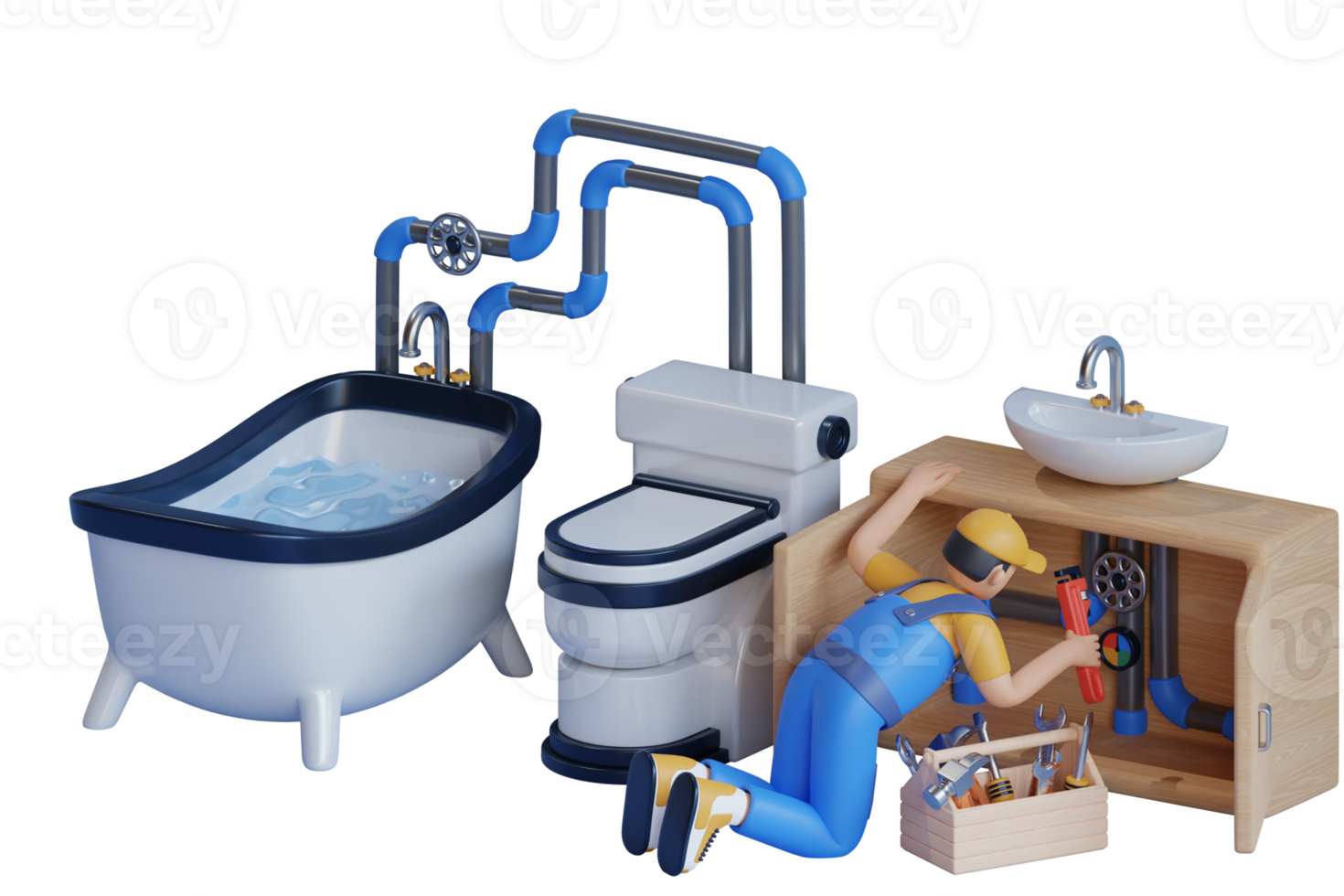 A plumbing technician uses a wrench to fix a water line under the sink. A plumber is repairing a leaking pipe beneath the kitchen sink. 3D illustration png
