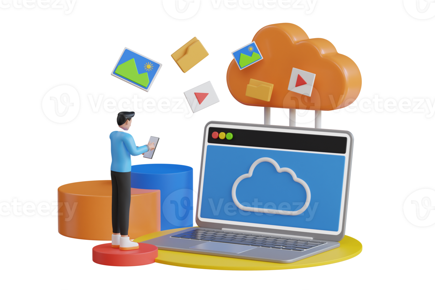 cloud storage 3d illustration. Backup data concept, Copying files or files transfer process png