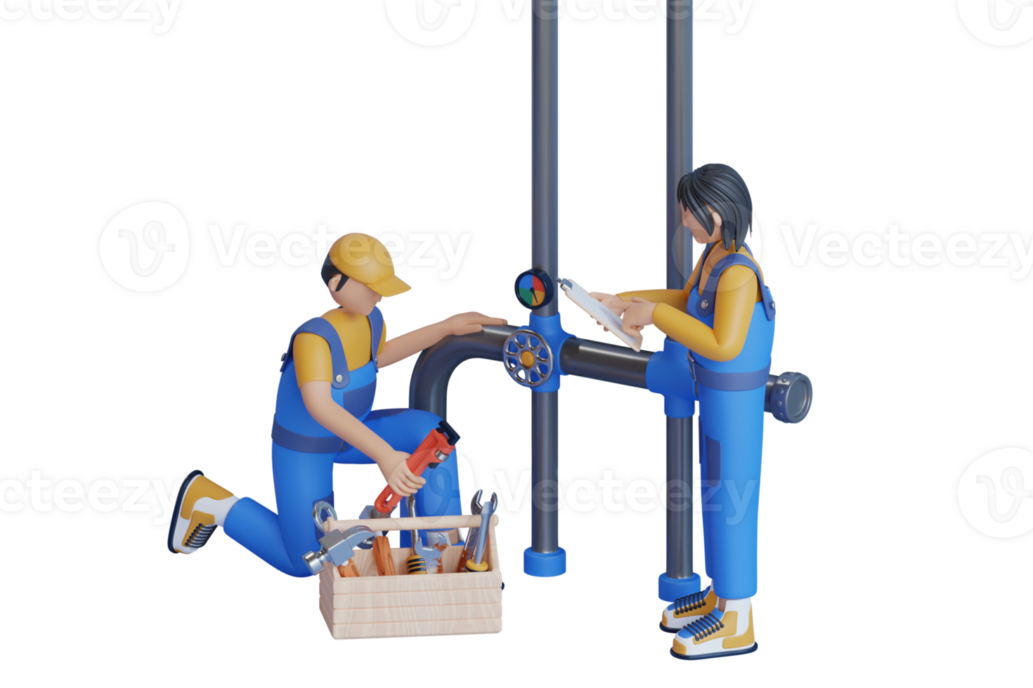 3D illustration of a male plumber checking pipelines. Plumbing repair service, plumber working in the bathroom. 3D illustration png