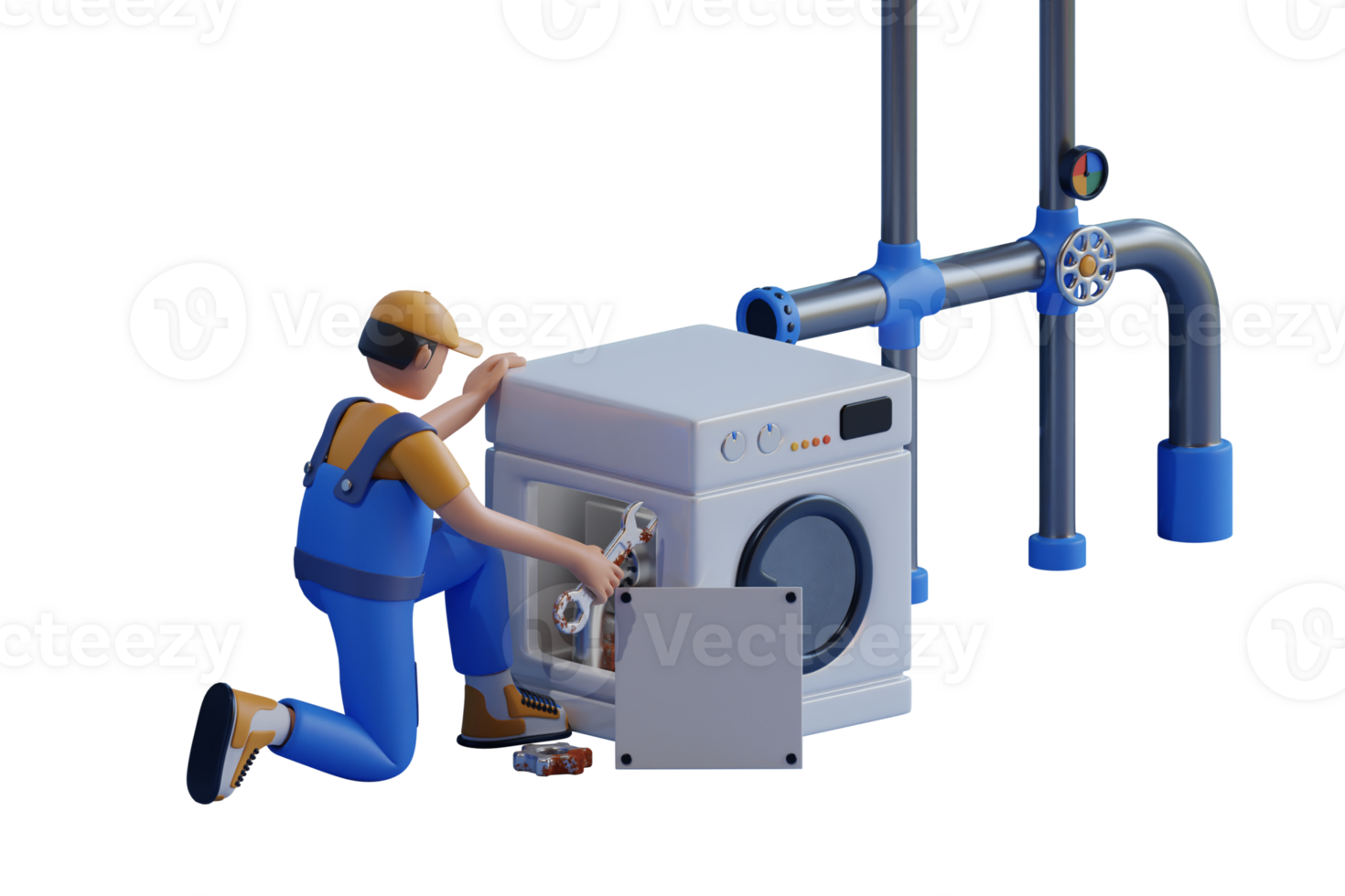 A service professional will come to the customer's house to repair the washing machine. A repairman is in the bathroom repairing the washing machine. 3D rendering png