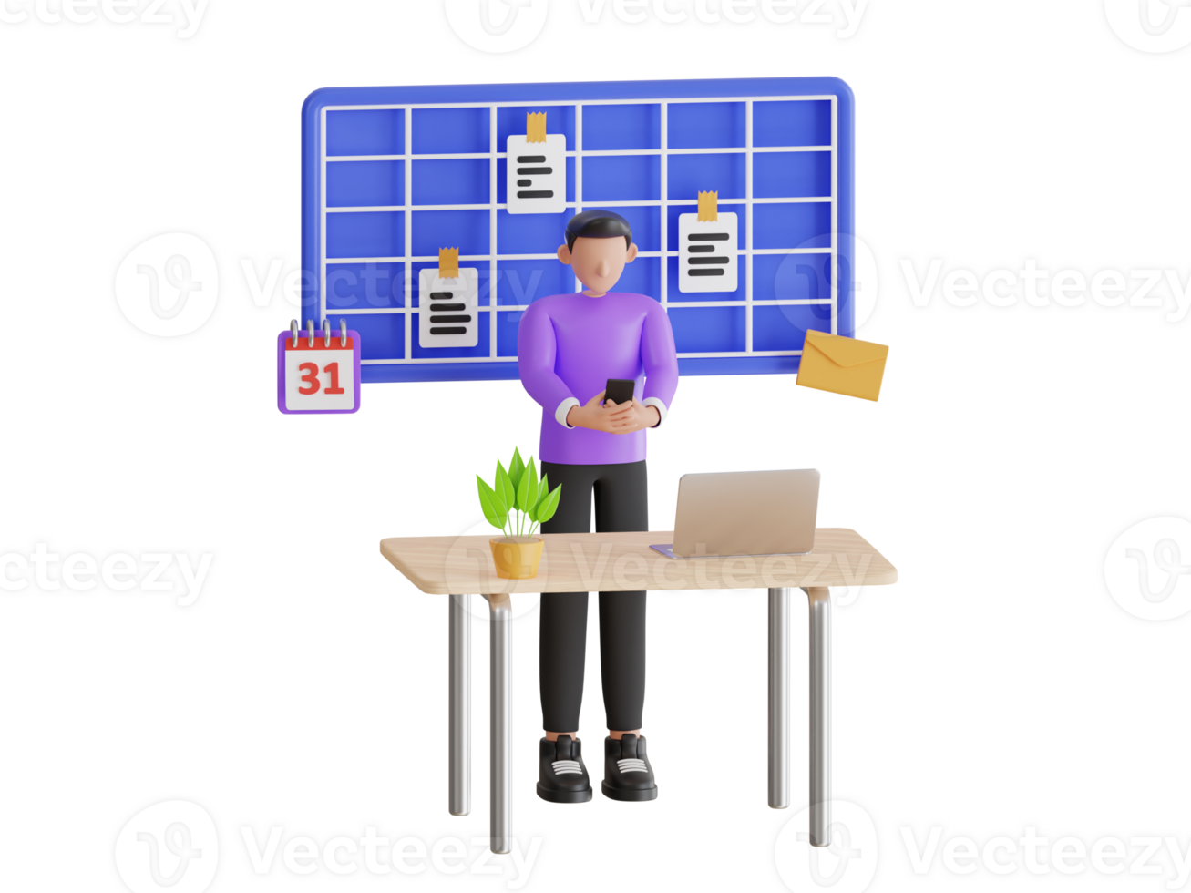 Man checking his meeting schedule 3d illustration. man was using her phone to take notes in calendar app. Concept of scheduling information png