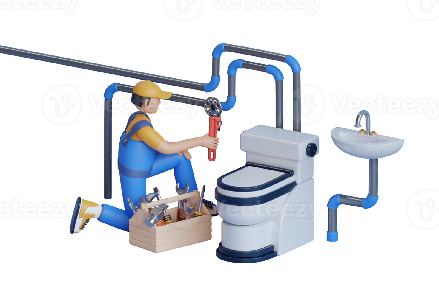 een mannetje loodgieter inspecteert pijpen voor de centraal water levering van de toilet. loodgieter in de badkamer, loodgieter reparatie onderhoud. 3d illustratie png