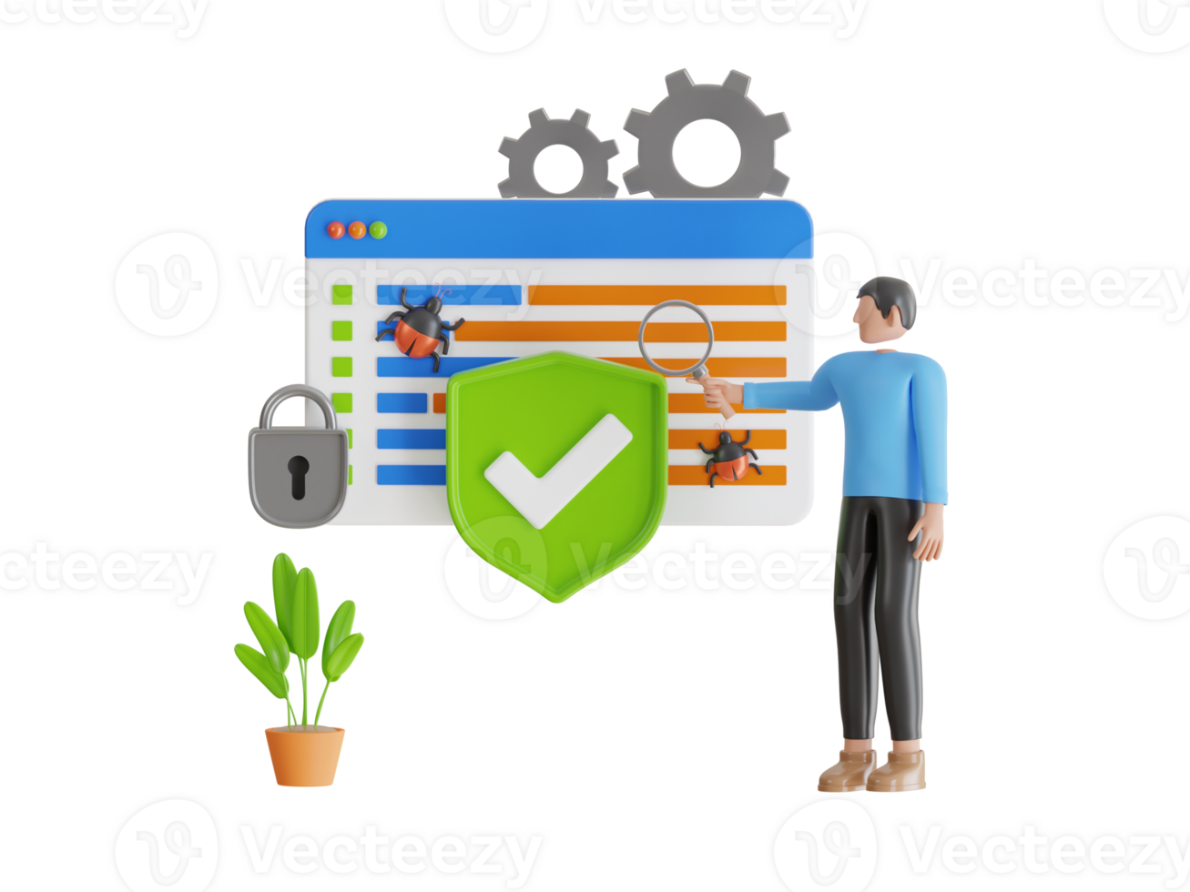 3d illustration of encrypted computer with shield and padlock. Antivirus testing concept. Data protection and cyber security concept png