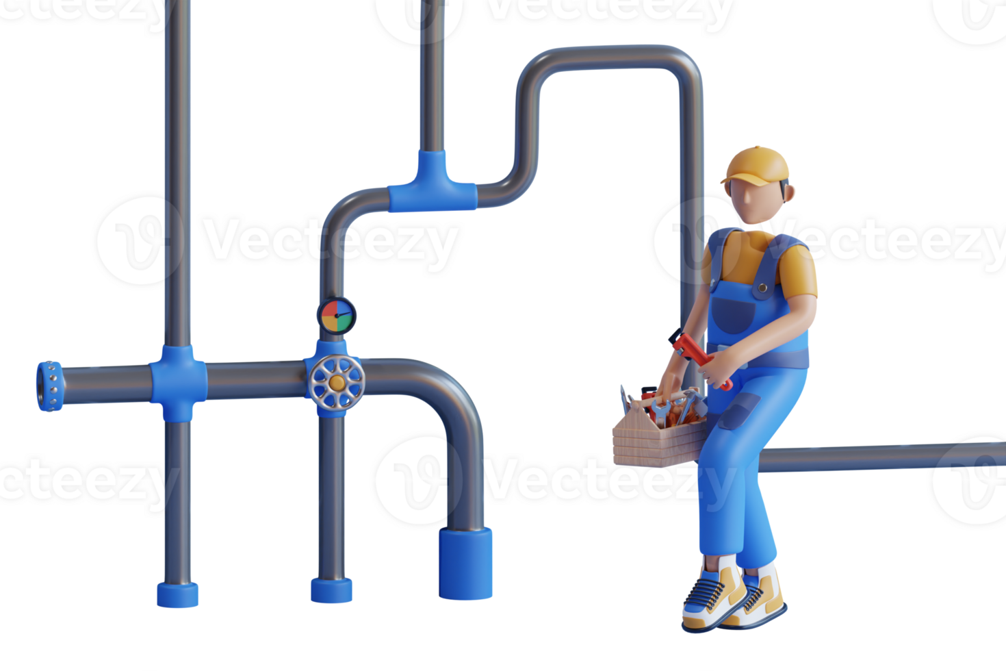 3D rendering of a guy plumber. Plumber holding a plumbing wrench.  Tube and Pipe Line Fixing png