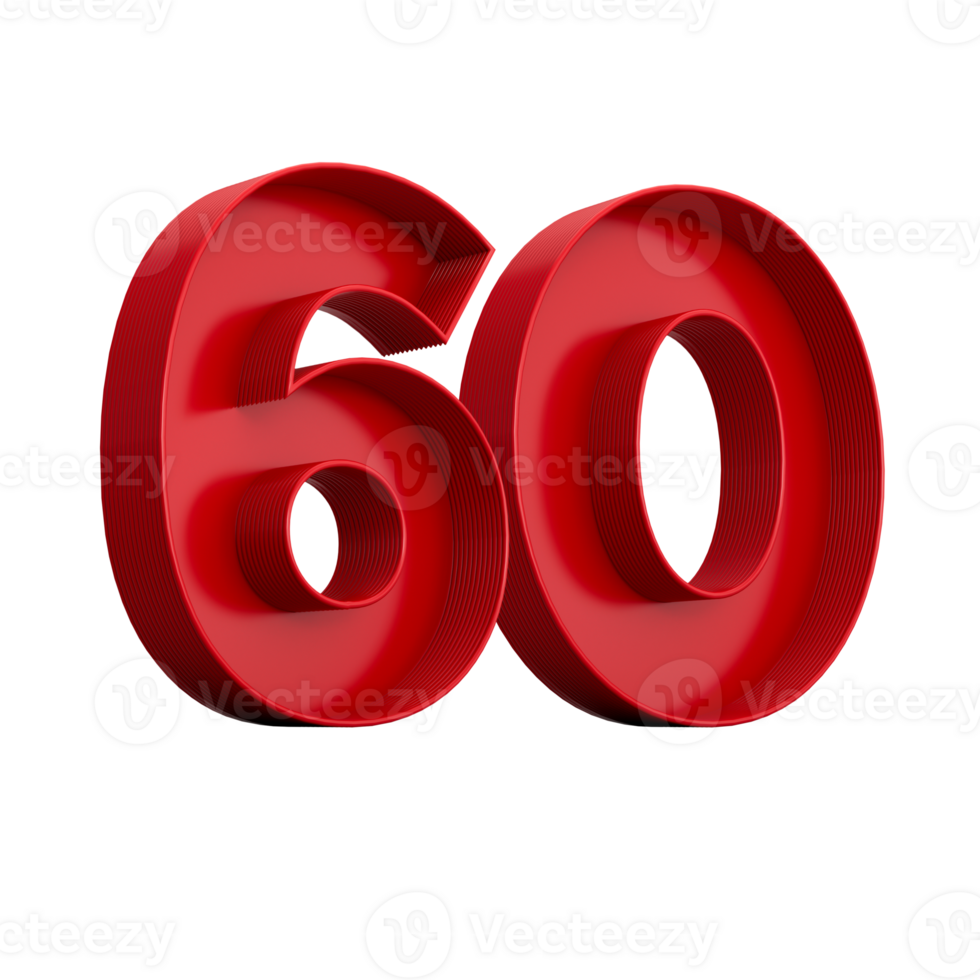 3d illustration of red number 60 or Sixty inner shadow png