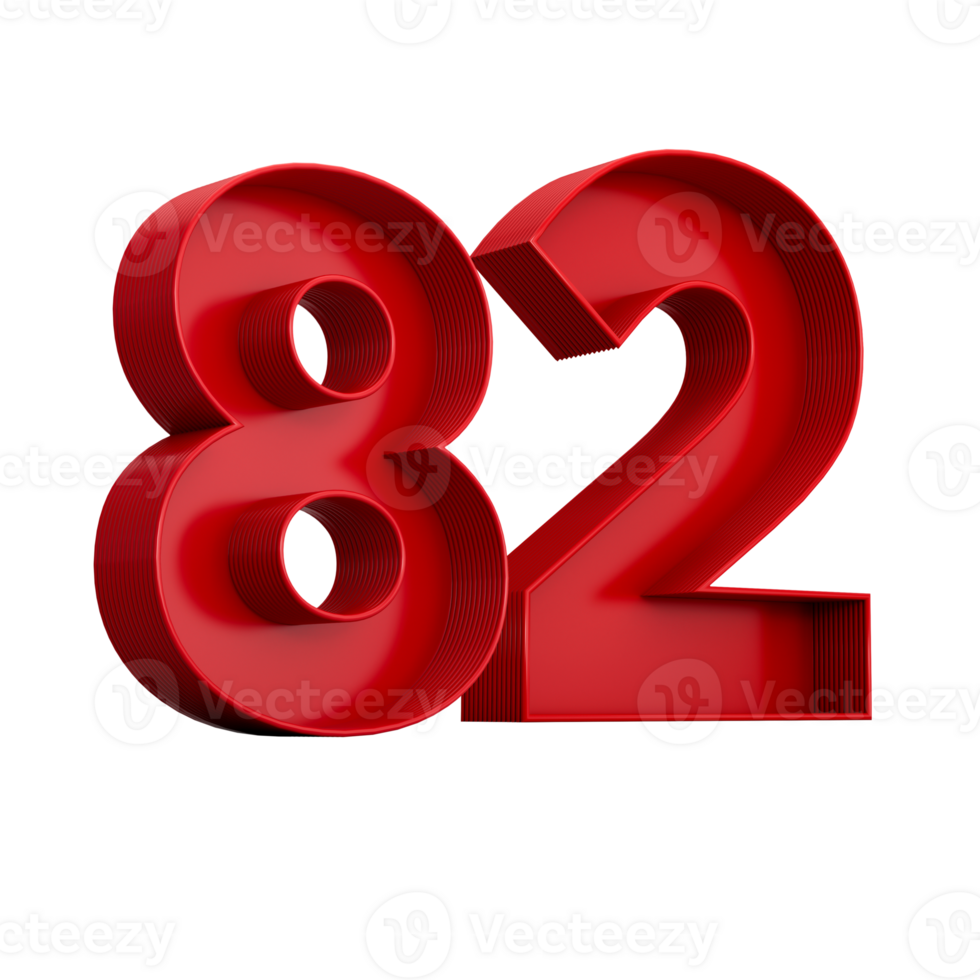 3d illustration of red number 82 or Eighty Two inner shadow png