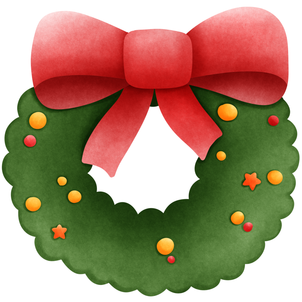 Isolated cute Christmas wreath with red ribbon in transparent background png