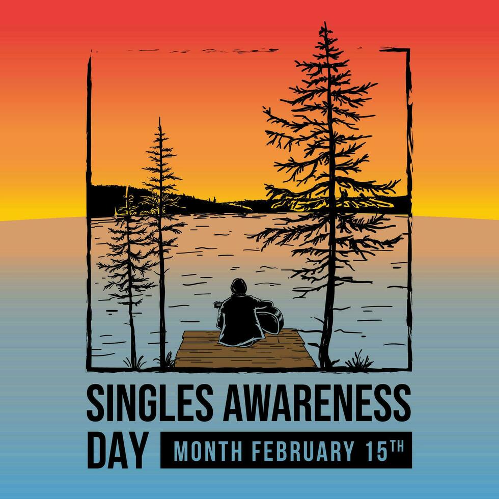 A man playing guitar by the lake, Singles Awareness Day, February 15th vector