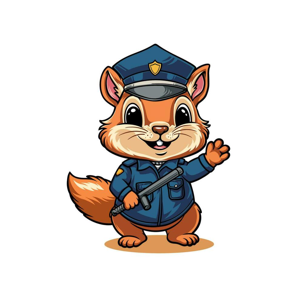 Funny squirrel in police uniform carrying a baton, squirrel character vector Illustration