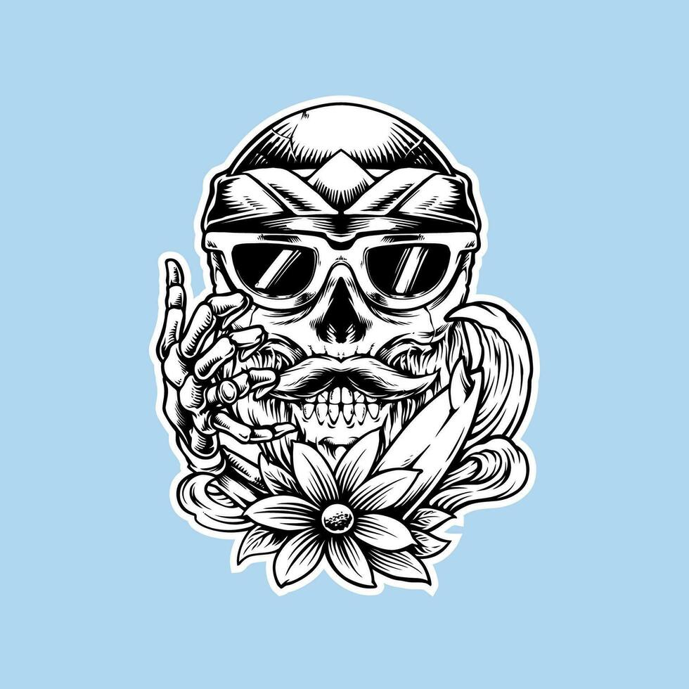 summer skull vibes vector illustration with surfboard, flowers and waves elements