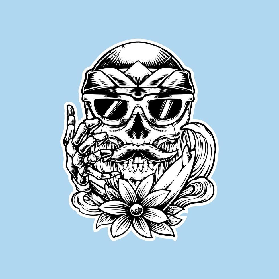 summer skull vibes vector illustration with surfboard, flowers and waves elements