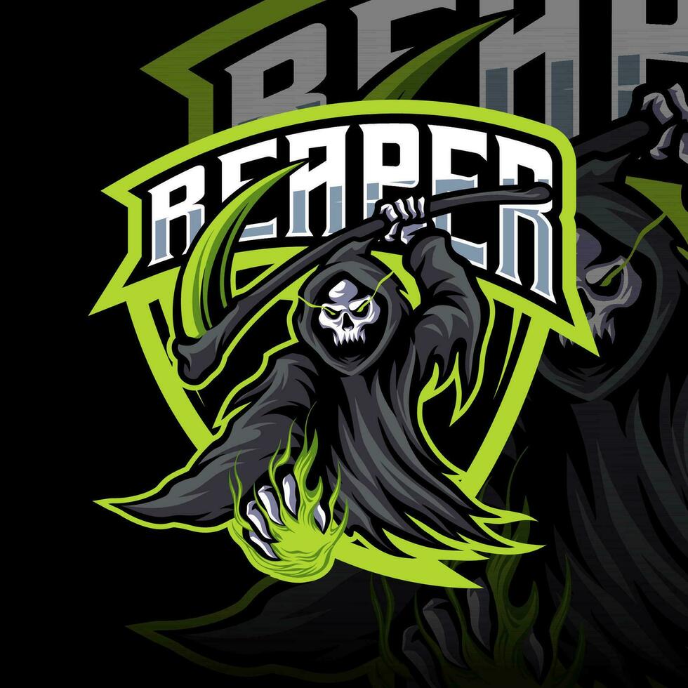 Reaper skull mascot logo with green fire design for sports or e-sports gaming team vector