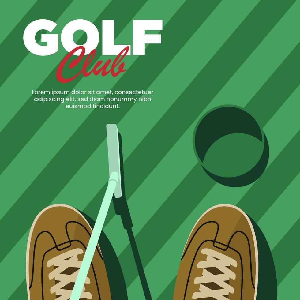 póster diseño ilustración de un golfista acerca de a golpear el pelota dentro el agujero con parte superior ver vector
