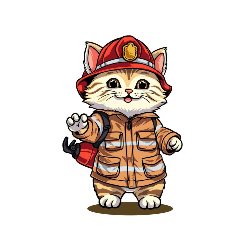 cute orange cat in firefighter uniform carrying baton, squirrel character vector Illustration