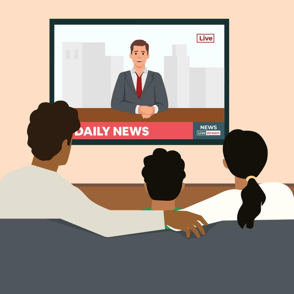 Breaking news concept. Back view of family couple and children sitting on sofa in living room, watching TV news with host interviewing guest. vector