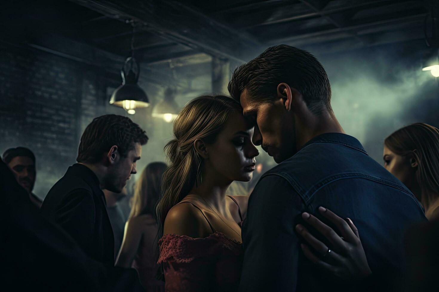 Couple looking at each other in a dark room with smoke. crowded, abandoned nightclub filled with an array of patrons, including a couple having a passionate embrace, AI Generated photo