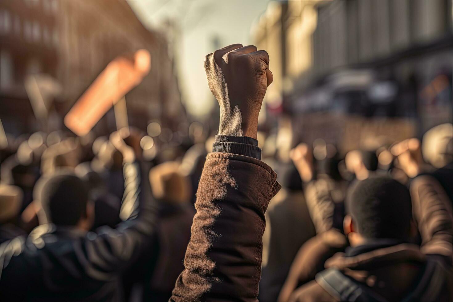 Pro Palestine manifestation held in Milan. People took to the streets to claim  Gaza and Palestine freedom against israel war, A raised fist of a protestor at a political demonstration, AI Generated photo