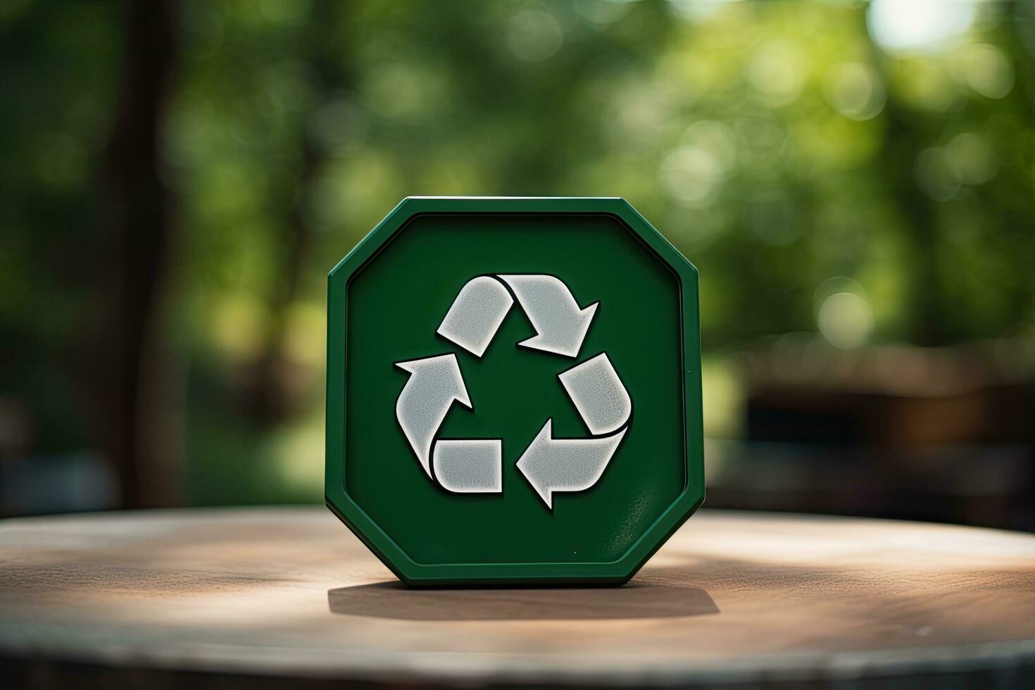 Recycling symbol on green sign on wooden table in park. A recycling sign with a green button that, zero waste, reuse concept, AI Generated photo