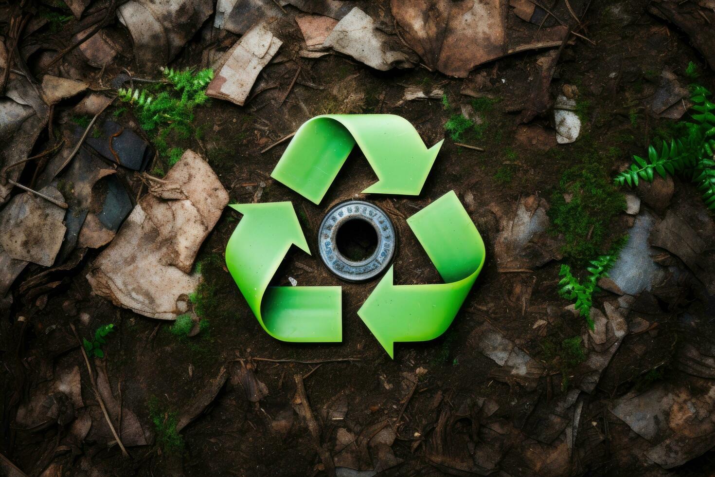 Recycling concept. Recycling symbol on nature background. A recycling sign with a green button that, zero waste, reuse concept, AI Generated photo