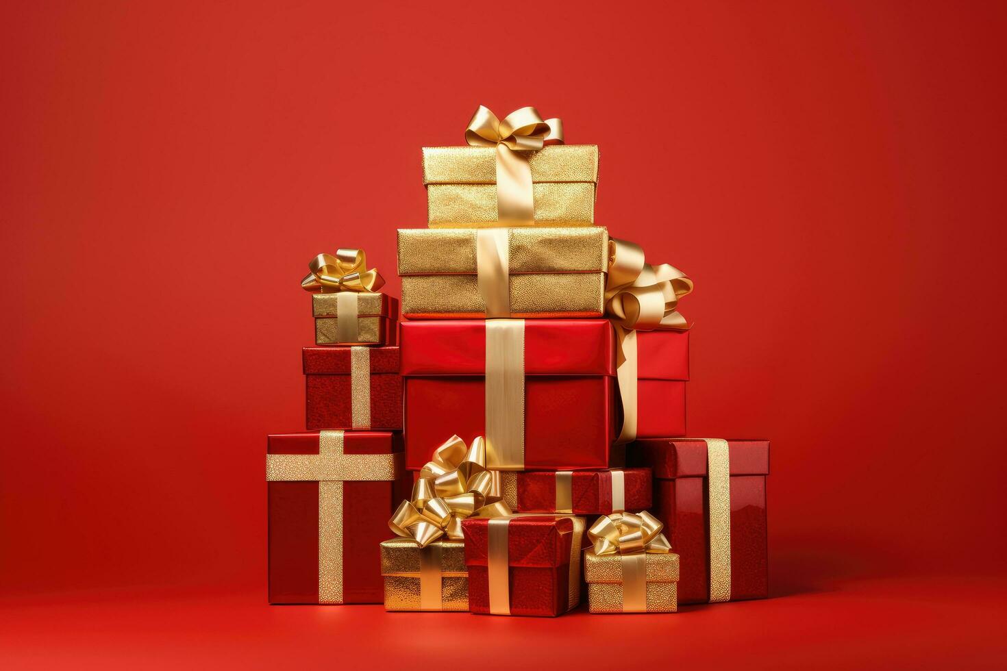 Gift boxes with gold bows on red background. 3d rendering, a pile of presents with gold bows and bows on top of each other, with a red background, AI Generated photo