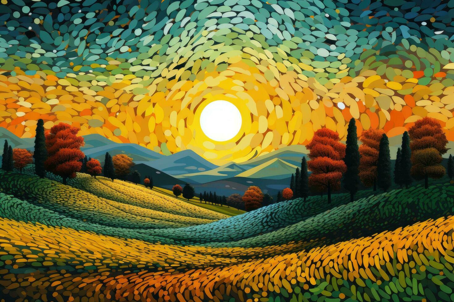 Colorful autumn landscape with hills, trees and sun illustration. A pointillism painting of a landscape. digital art illustration, AI Generated photo