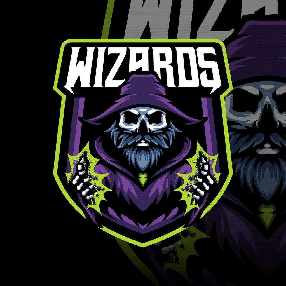 wizards skull with green magic logo design for mascot sport or esport gaming logo vector