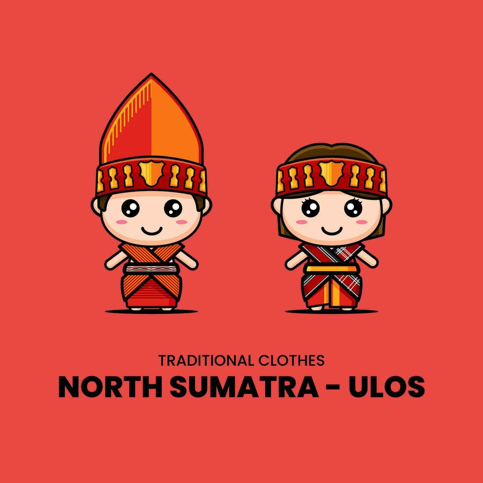 Illustration of cute couple kawaii chibi characters wearing Ulos traditional clothes from North Sumatra, Indonesia vector