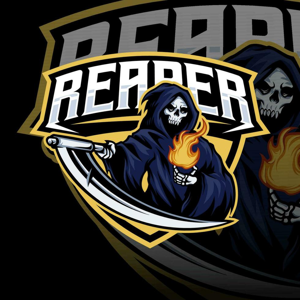 Reaper skull mascot logo with fire ball design for sports or e-sports gaming team vector