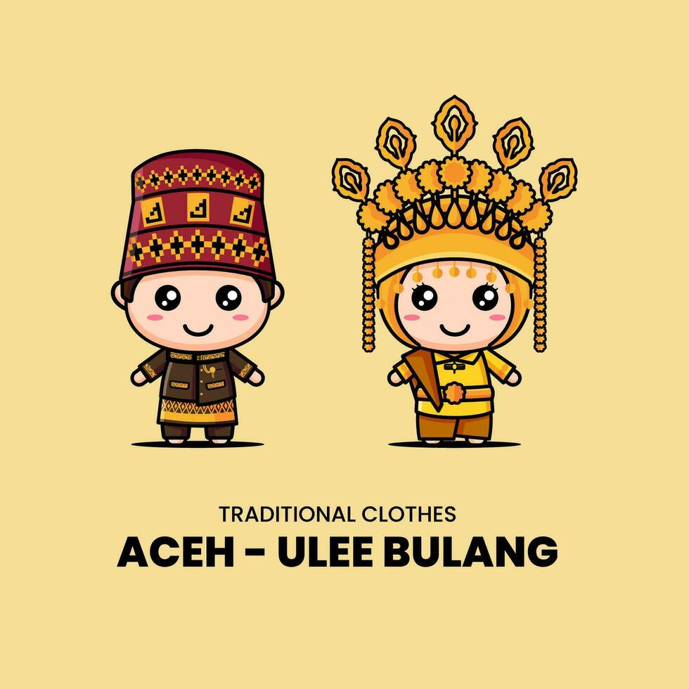 Illustration of cute couple chibi kawaii characters wearing Ulee Balang traditional clothes from Aceh, Indonesia vector