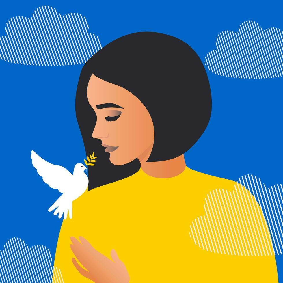 A beautiful brunette woman holds a white dove of peace and prays for the victory of Ukraine. Vector. vector