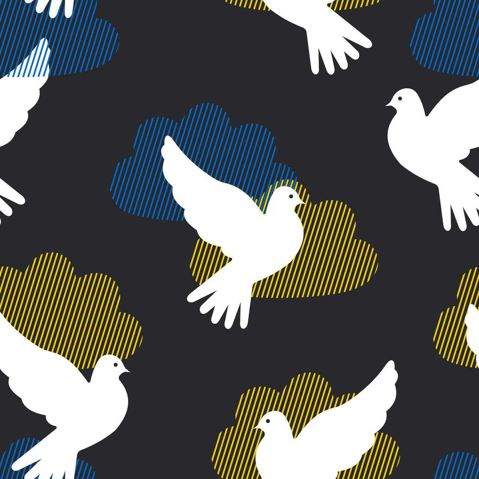 White doves of peace fly among yellow and blue clouds against a black sky creating a seamless pattern for textile. Vector. vector