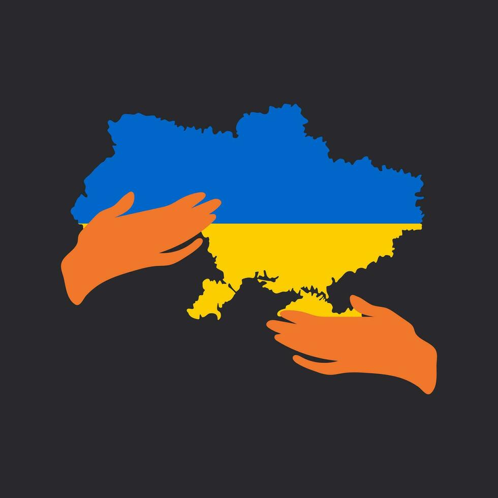 Ukraine map icon in the national colors of blue and yellow flag in the hands of those praying for peace, isolated on a black background. Vector. vector