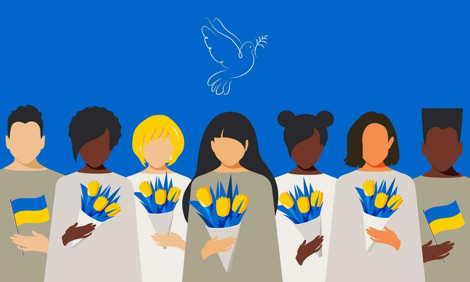 Men from different countries hold the flag of Ukraine, women hold spring tulip flowers and express their support and faith in victory. Horizontal poster with dove of peace. Peace to Ukraine. Vector. vector