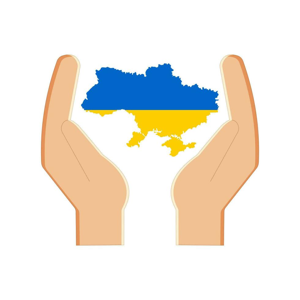 Ukraine map icon in the national colors of the flag of blue and yellow in the hands of those praying for peace, isolated on a white background. Vector. vector
