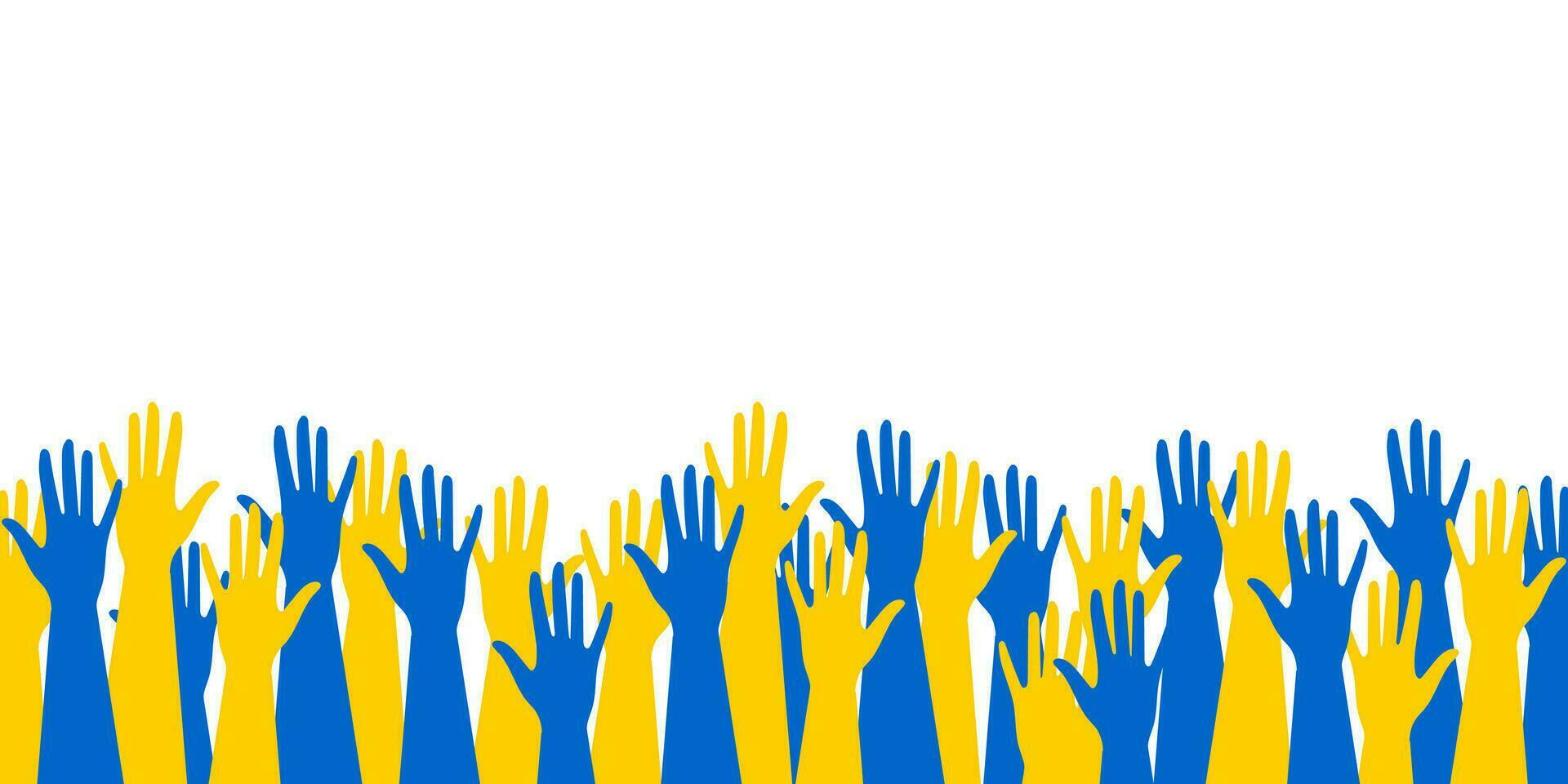 Hands in the national colors of the flag of Ukraine yellow and blue raised up isolated on a white horizontal background with space for text. vector