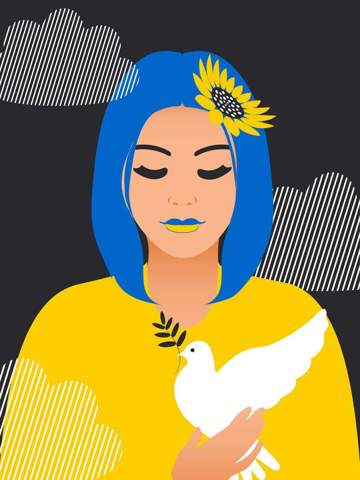 A girl with a white dove of peace in her hands on a black vertical background with clouds prays for peace in Ukraine. Vector. vector