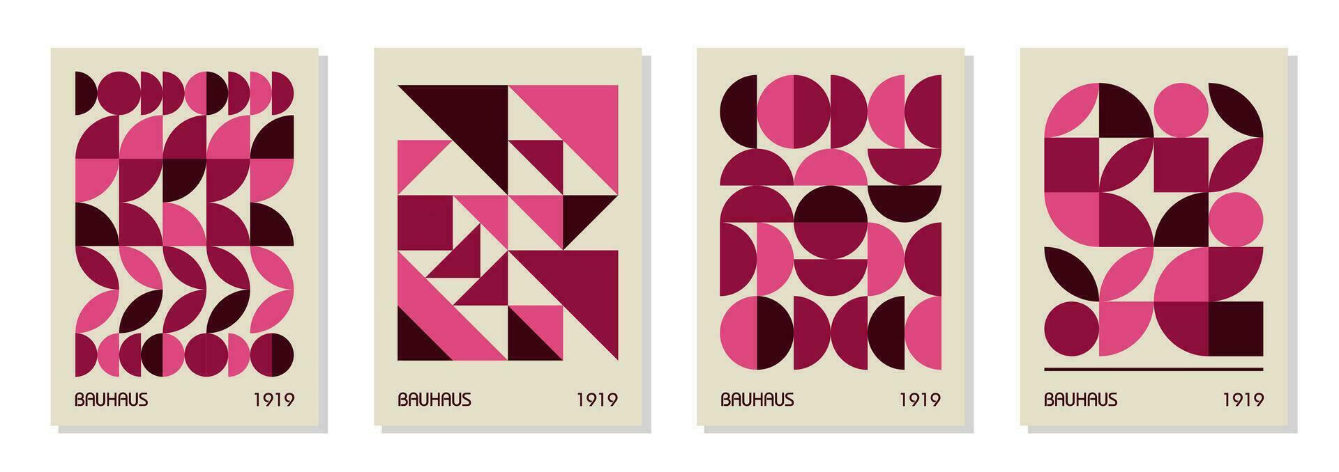 Set of 4 minimal vintage 20s geometric design posters, wall art, template, layout with primitive shapes. Bauhaus pink magenta retro pattern background, vector abstract circle, triangle and square