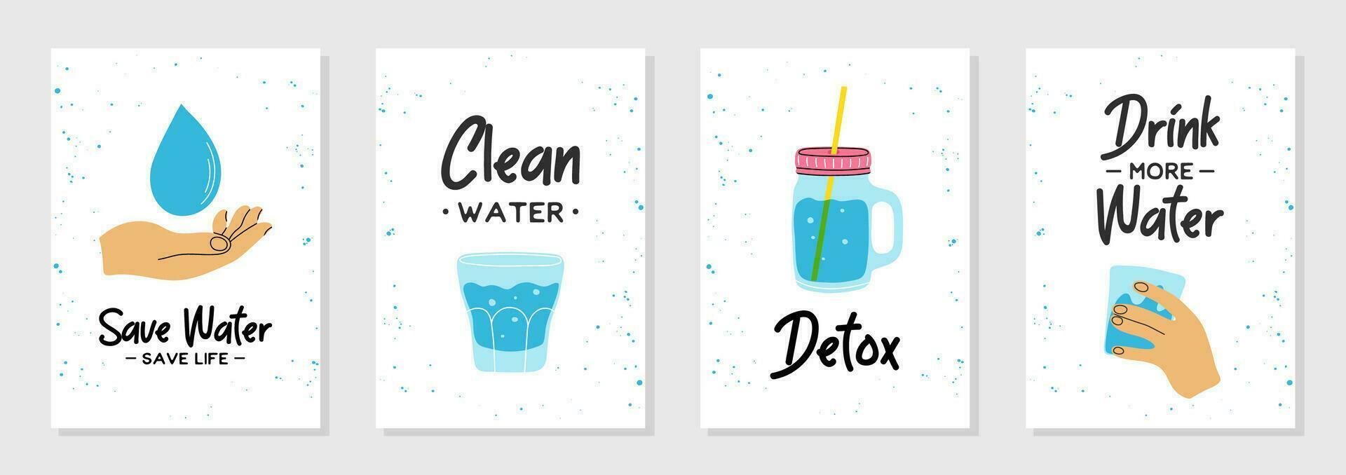 Set of 4 posters flat line modern style with phrases, quotes. Drink more, healthy lifestyle, hydrate motivation, detox, clean, save water, save life. Hand drawn vector illustrations.