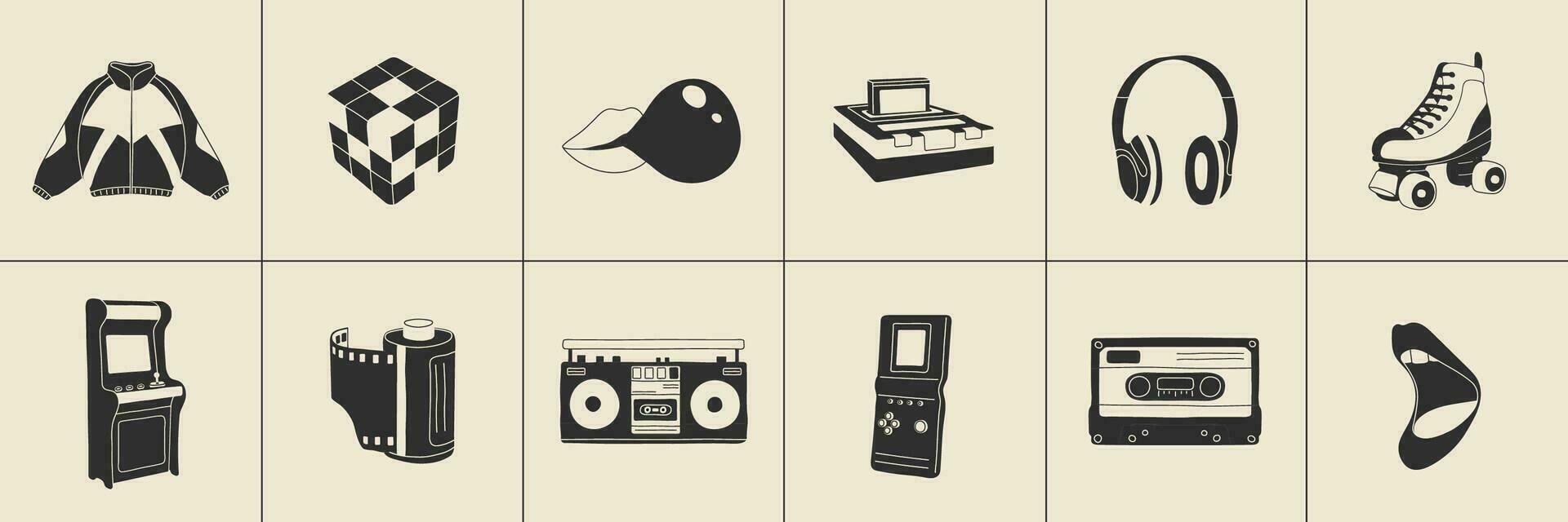 Classic 80s 90s elements in modern style flat, line style. Hand drawn vector illustration jacket, cube, lips, headphones, roller skate, cassette, recorder, camera roll