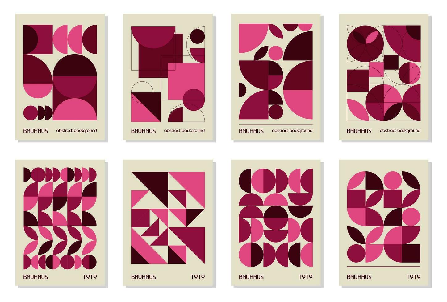 Set of 8 minimal vintage 20s geometric design posters, wall art, template, layout with primitive shapes. Bauhaus pink magenta retro pattern background, vector abstract circle, triangle and square