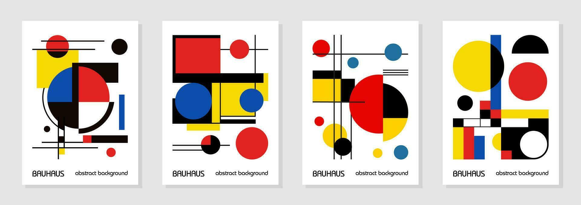 Set of 4 minimal vintage 20s geometric design posters, wall art, template, layout with primitive shapes elements. Bauhaus retro pattern background, vector abstract circle, triangle and square line art