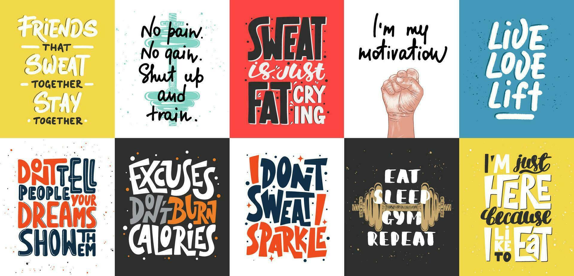 Set of 10 motivational and inspirational lettering posters, decoration, prints, t-shirt design for sport, gym or fitness. vector
