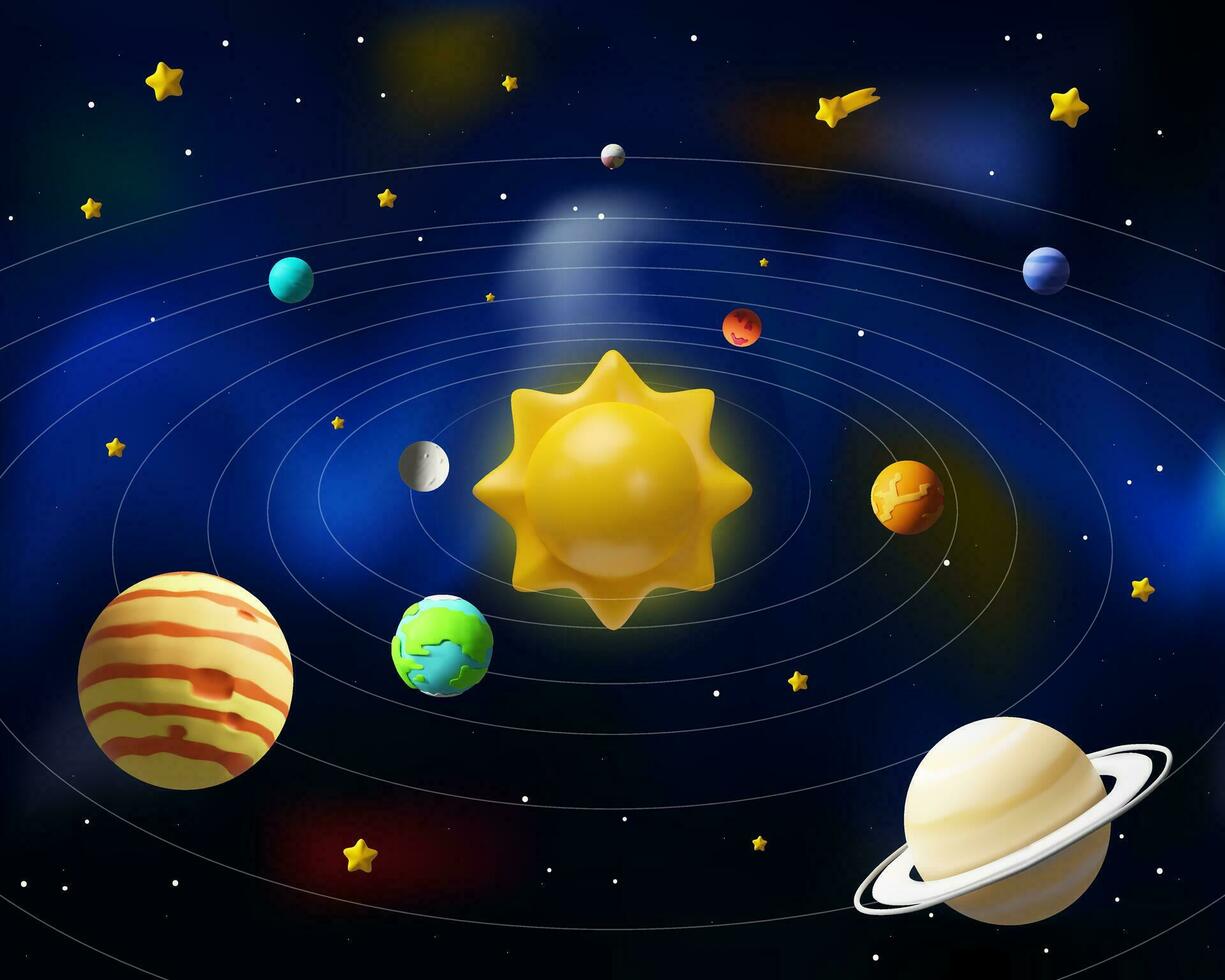 3d hacer solar sistema con texto. realista sol, tierra, mercurio, Venus, Marte, Júpiter, Saturno, Urano, Neptuno, estrellas, cometa. vector ilustración cerca exterior espacio. astronomía Ciencias en el plastico estilo